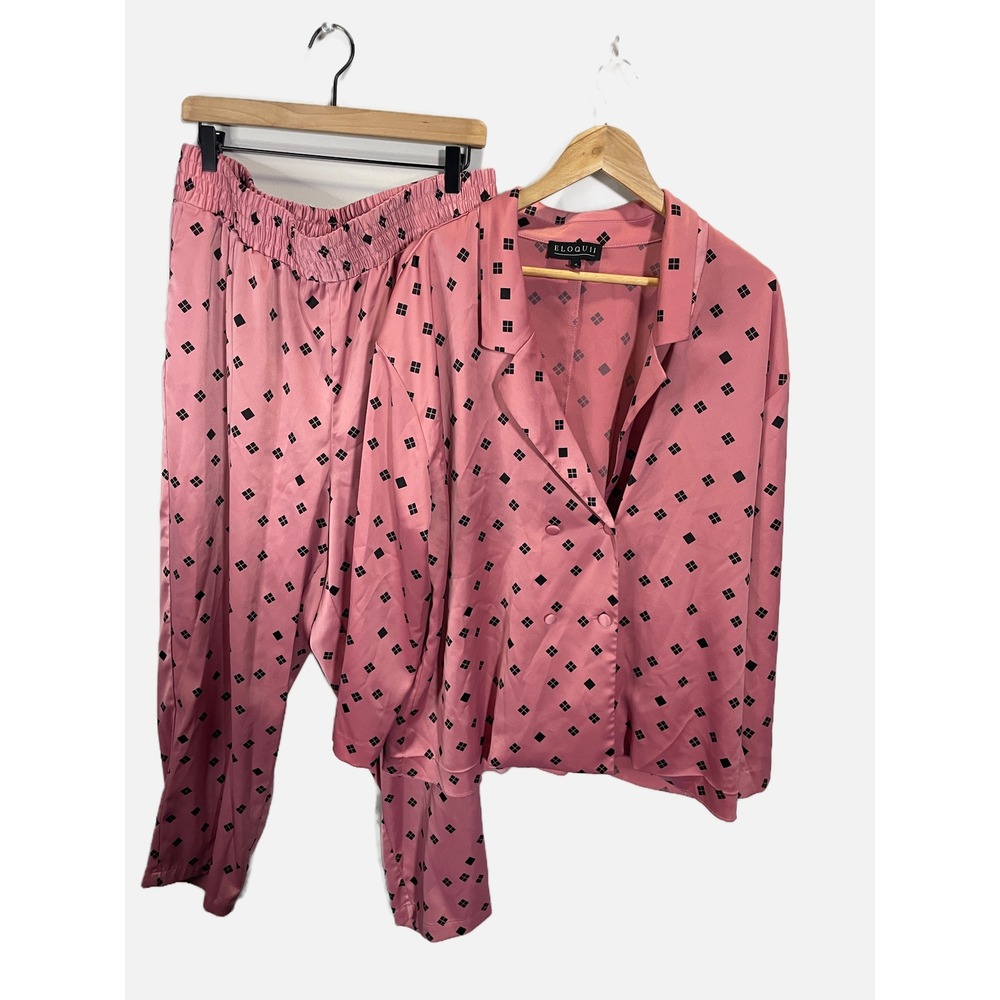 Eloquii Pajama Set Women 18 Pink Diamond Print Satin Lounge Sleepwear Set